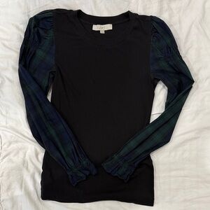 LOFT Black Top with Plaid Sleeves